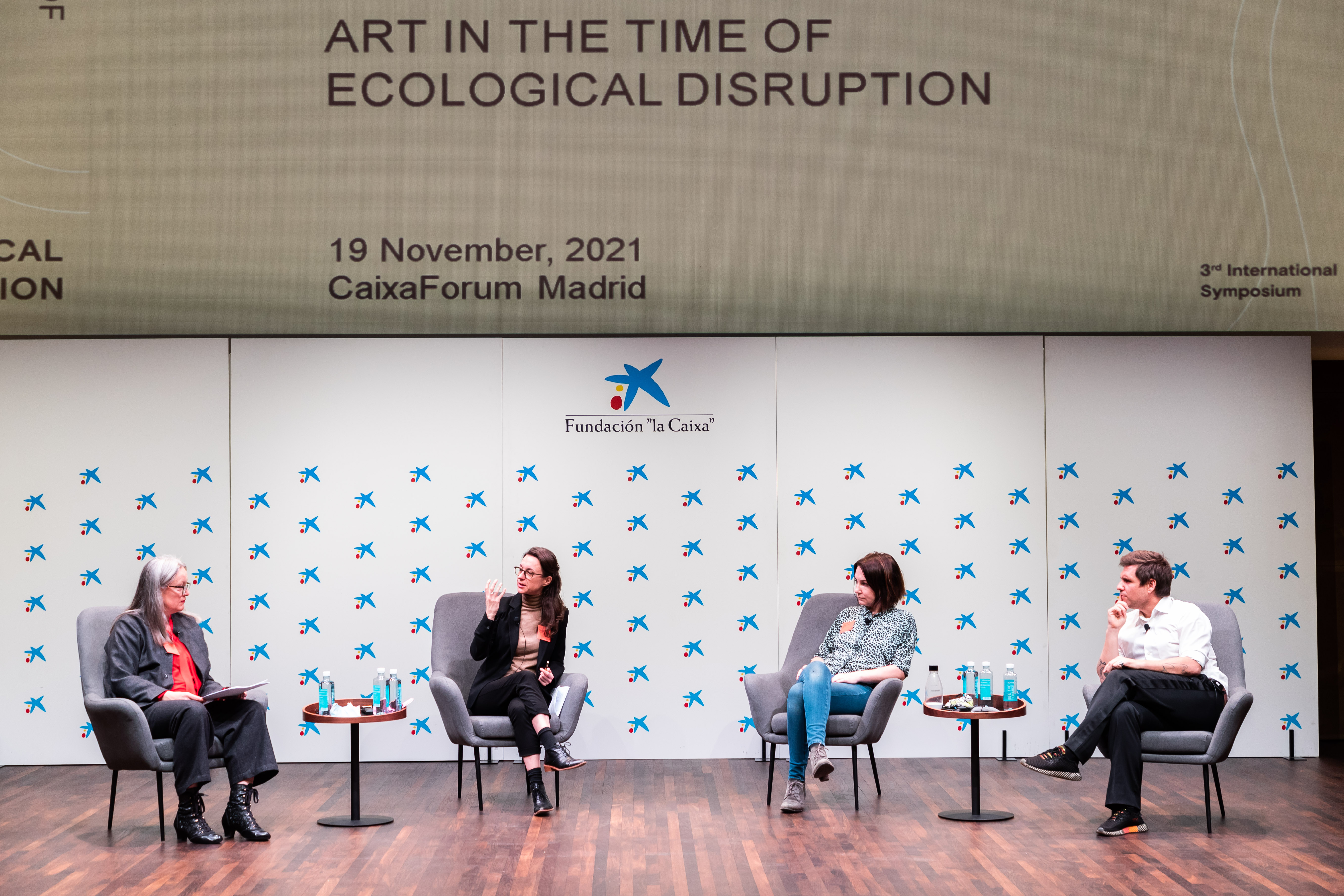 Panel discussion during the morning session between Alice Sharp, Artistic Director of Invisible Dust and Moderator of the Symposium, and speakers: Lucy Wood, &nbsp;Creative Producer; Heidi Ballet, Independent Curator and Markus Reymann, Director of TBA21-Academy